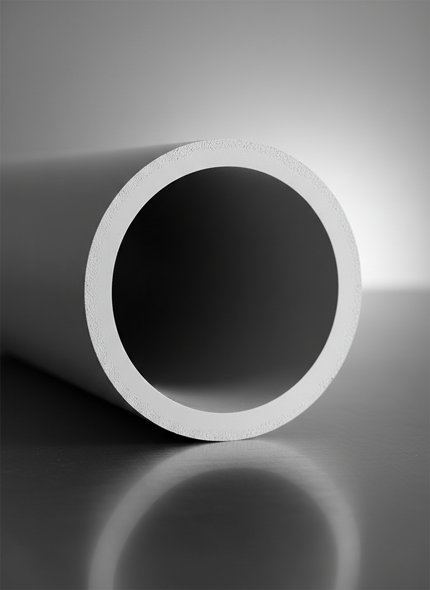 A close-up, photographic realism shot of a single cross-section of a thick UPVC pipe, its perfectly circular opening dominating the frame. The pipe’s smooth, light gray exterior and flawless interior wall show no imperfections, with fine texture visible along the edge. It rests on a reflective brushed metal surface in a controlled studio environment. Soft, directional studio lighting from the side creates a clean highlight along the pipe’s rim and a gradual falloff of light into the dark interior, emphasizing durability and structural integrity. Shot from a slightly elevated angle with shallow depth of field, the background fades into a soft gray gradient, creating a focused, technical, and highly professional atmosphere.