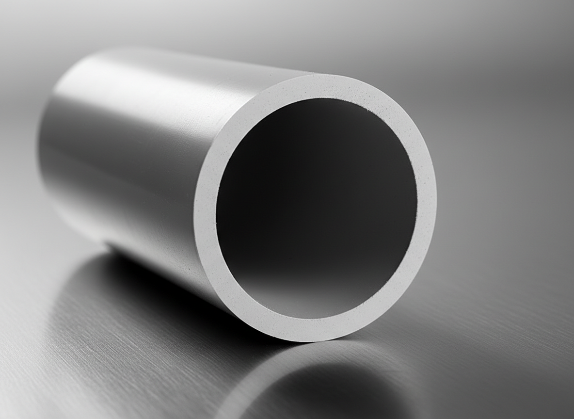 A close-up, photographic realism shot of a single cross-section of a thick UPVC pipe, its perfectly circular opening dominating the frame. The pipe’s smooth, light gray exterior and flawless interior wall show no imperfections, with fine texture visible along the edge. It rests on a reflective brushed metal surface in a controlled studio environment. Soft, directional studio lighting from the side creates a clean highlight along the pipe’s rim and a gradual falloff of light into the dark interior, emphasizing durability and structural integrity. Shot from a slightly elevated angle with shallow depth of field, the background fades into a soft gray gradient, creating a focused, technical, and highly professional atmosphere.