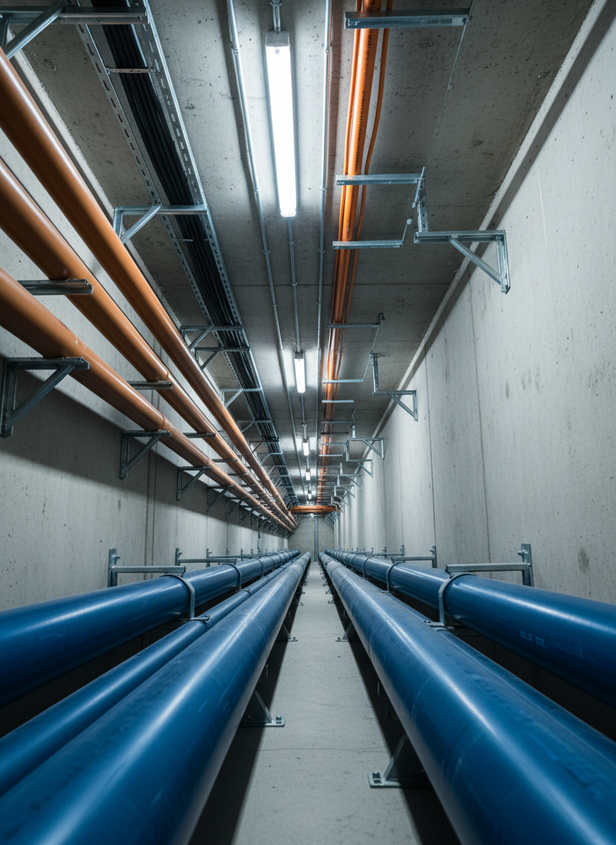 A modern infrastructure installation scene showing color-coded PVC and CPVC pipes routed along a concrete utility corridor, with water supply, sewage, and electrical conduits clearly distinguished by size and hue. The pipes run in parallel lines on robust metal brackets fixed to the wall and ceiling, demonstrating an orderly, engineered layout. Cool, diffused industrial lighting from ceiling fixtures creates a balanced illumination, highlighting the pipe surfaces and casting controlled shadows along the corridor. Captured from a low, vanishing-point perspective, the pipes converge toward the distance, suggesting scalability and long-term reliability. The photographic realism and clean, technical mood reinforce the professionalism and durability of high-quality plastic piping systems for infrastructure projects.