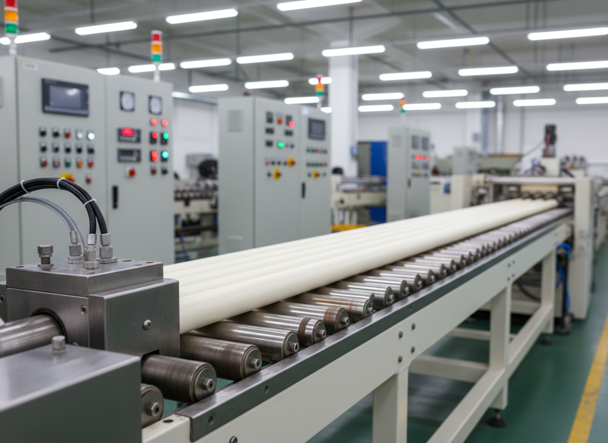 A detailed, photographic realism view of an automated production line in a PVC pipe factory, focusing entirely on the machinery and extruded pipes emerging from a stainless steel extrusion head. Freshly formed, still-warm pipes glide along precision rollers, their surfaces smooth and perfectly cylindrical. The surrounding environment is spotless, with control panels, gauges, and indicator lights visible but softly out of focus in the background. Bright, cool-white industrial lighting reflects subtly off the pipe surfaces, emphasizing their uniformity and high-quality finish. Shot from a side angle at conveyor height, with moderate depth of field, the composition conveys advanced technology, strict process control, and a high-volume, professional manufacturing operation without including any human subjects.
