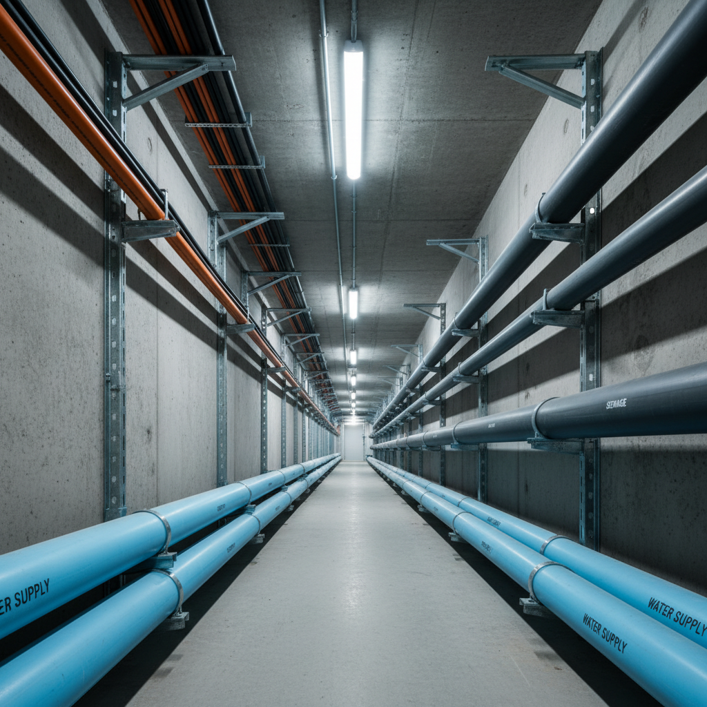 A modern infrastructure installation scene showing color-coded PVC and CPVC pipes routed along a concrete utility corridor, with water supply, sewage, and electrical conduits clearly distinguished by size and hue. The pipes run in parallel lines on robust metal brackets fixed to the wall and ceiling, demonstrating an orderly, engineered layout. Cool, diffused industrial lighting from ceiling fixtures creates a balanced illumination, highlighting the pipe surfaces and casting controlled shadows along the corridor. Captured from a low, vanishing-point perspective, the pipes converge toward the distance, suggesting scalability and long-term reliability. The photographic realism and clean, technical mood reinforce the professionalism and durability of high-quality plastic piping systems for infrastructure projects.