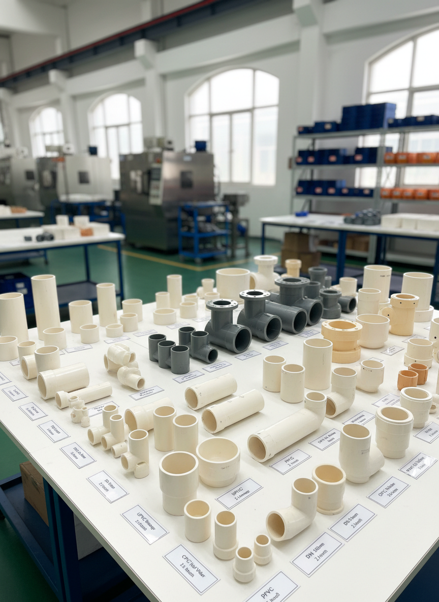 An organized layout of labeled PVC, UPVC, and CPVC pipes and fittings displayed on a pristine white industrial table, arranged by size and type. Flanges, elbows, reducers, and straight pipes are carefully positioned to showcase a complete system for water, sewage, and electrical conduit. The environment resembles a modern quality control lab within a factory, with blurred machinery and shelving in the background. Bright, even overhead lighting provides clear visibility of every detail, with soft shadows adding depth without distraction. Shot from a slightly elevated angle using photographic realism, the composition feels technical yet visually clean, conveying precision engineering, comprehensive product range, and adherence to international standards.