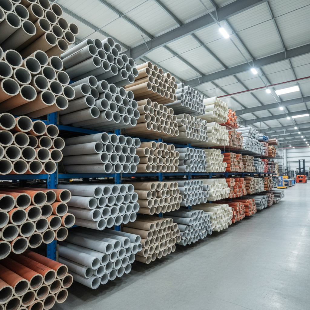 A wide array of neatly stacked PVC, UPVC, and CPVC pipes in various diameters and colors, arranged in perfect rows inside a clean, modern industrial warehouse. The cut ends of the pipes face the camera, revealing smooth interiors and thick, uniform walls that highlight their quality. Cool, diffused overhead lighting reflects softly off the matte plastic surfaces, creating gentle highlights and subtle shadows between the stacks. Captured at eye level with sharp focus throughout, the composition emphasizes order, precision, and large-scale production capacity. The mood is highly professional and reliable, with photographic realism and a clean, contemporary industrial aesthetic suitable for a leading infrastructure pipe manufacturer.