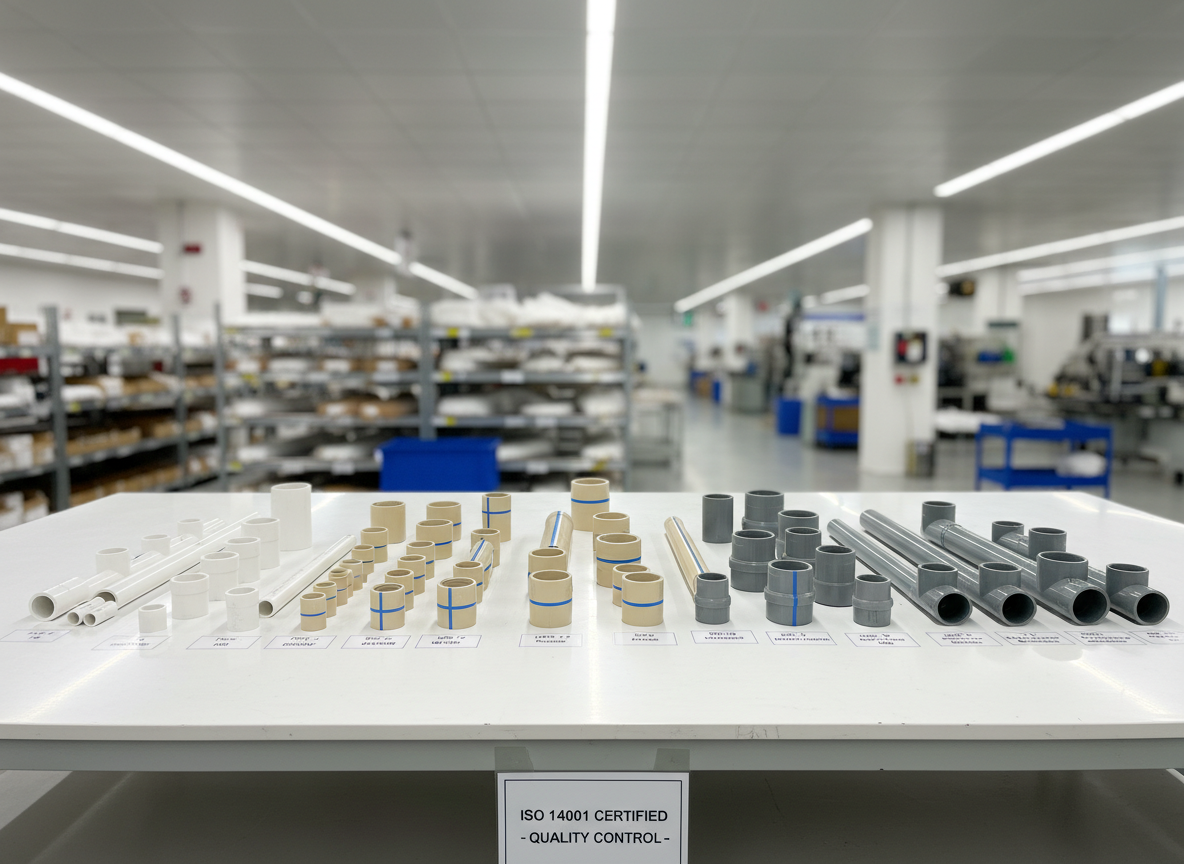 An organized layout of labeled PVC, UPVC, and CPVC pipes and fittings displayed on a pristine white industrial table, arranged by size and type. Flanges, elbows, reducers, and straight pipes are carefully positioned to showcase a complete system for water, sewage, and electrical conduit. The environment resembles a modern quality control lab within a factory, with blurred machinery and shelving in the background. Bright, even overhead lighting provides clear visibility of every detail, with soft shadows adding depth without distraction. Shot from a slightly elevated angle using photographic realism, the composition feels technical yet visually clean, conveying precision engineering, comprehensive product range, and adherence to international standards.
