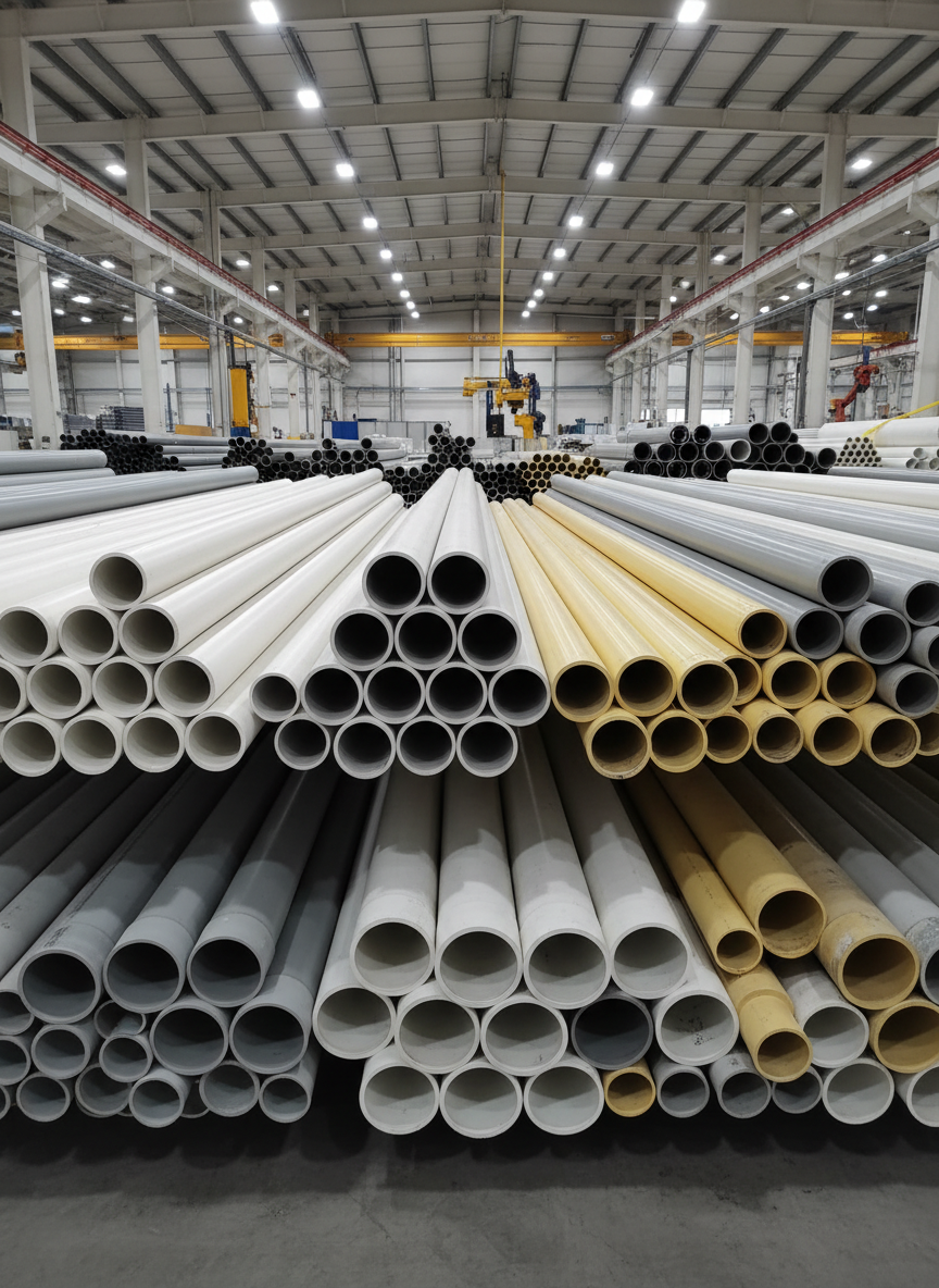 A wide array of neatly stacked PVC, UPVC, and CPVC pipes in various diameters and colors, arranged in perfect rows inside a clean, modern industrial warehouse. The cut ends of the pipes face the camera, revealing smooth interiors and thick, uniform walls that highlight their quality. Cool, diffused overhead lighting reflects softly off the matte plastic surfaces, creating gentle highlights and subtle shadows between the stacks. Captured at eye level with sharp focus throughout, the composition emphasizes order, precision, and large-scale production capacity. The mood is highly professional and reliable, with photographic realism and a clean, contemporary industrial aesthetic suitable for a leading infrastructure pipe manufacturer.