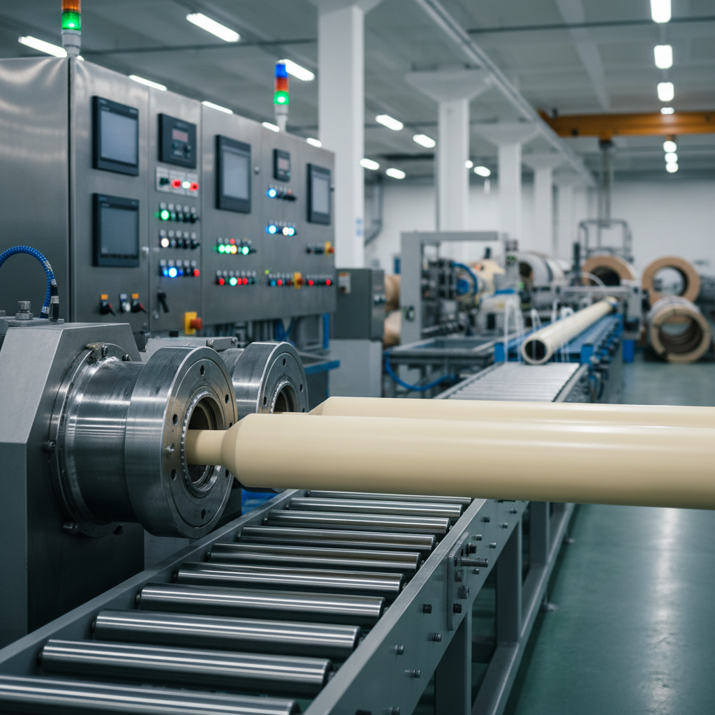 A detailed, photographic realism view of an automated production line in a PVC pipe factory, focusing entirely on the machinery and extruded pipes emerging from a stainless steel extrusion head. Freshly formed, still-warm pipes glide along precision rollers, their surfaces smooth and perfectly cylindrical. The surrounding environment is spotless, with control panels, gauges, and indicator lights visible but softly out of focus in the background. Bright, cool-white industrial lighting reflects subtly off the pipe surfaces, emphasizing their uniformity and high-quality finish. Shot from a side angle at conveyor height, with moderate depth of field, the composition conveys advanced technology, strict process control, and a high-volume, professional manufacturing operation without including any human subjects.