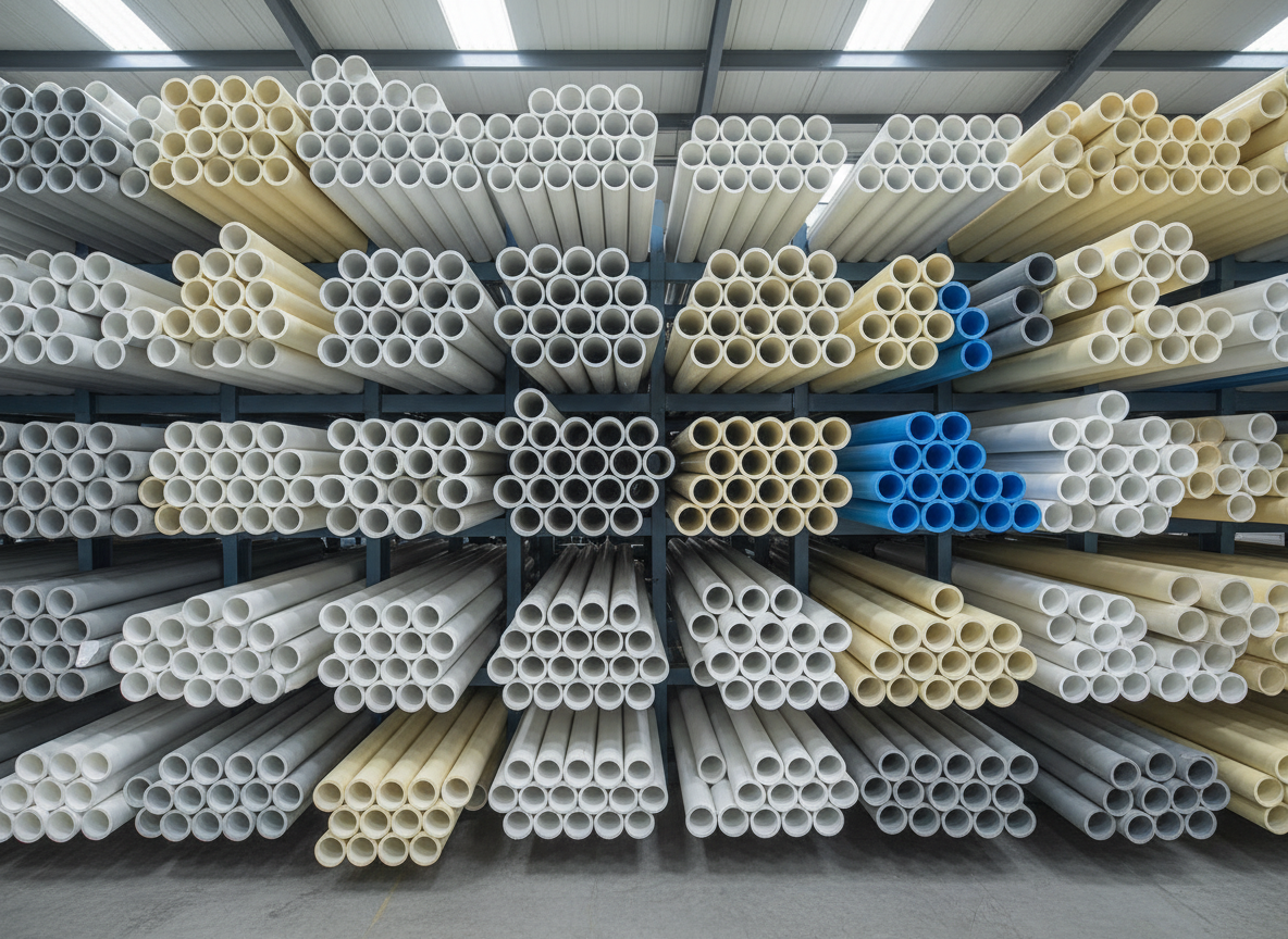 A wide array of neatly stacked PVC, UPVC, and CPVC pipes in various diameters and colors, arranged in perfect rows inside a clean, modern industrial warehouse. The cut ends of the pipes face the camera, revealing smooth interiors and thick, uniform walls that highlight their quality. Cool, diffused overhead lighting reflects softly off the matte plastic surfaces, creating gentle highlights and subtle shadows between the stacks. Captured at eye level with sharp focus throughout, the composition emphasizes order, precision, and large-scale production capacity. The mood is highly professional and reliable, with photographic realism and a clean, contemporary industrial aesthetic suitable for a leading infrastructure pipe manufacturer.